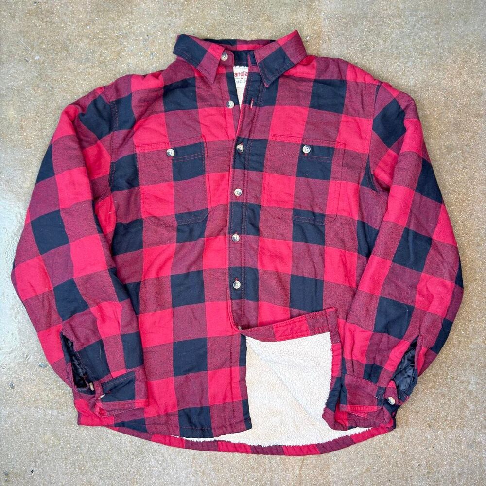 Wrangler Authentics Sherpa Lined Flannel Shirt Jacket Mens L Red Plaid Read